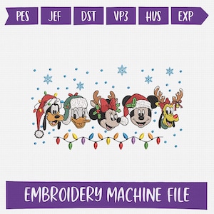 May include: An embroidery machine file featuring cartoon characters in Christmas attire. Goofy, Donald Duck, Minnie Mouse, Mickey Mouse, and Pluto are depicted with Santa hats and reindeer antlers. A string of colourful Christmas lights and snowflakes are also included.