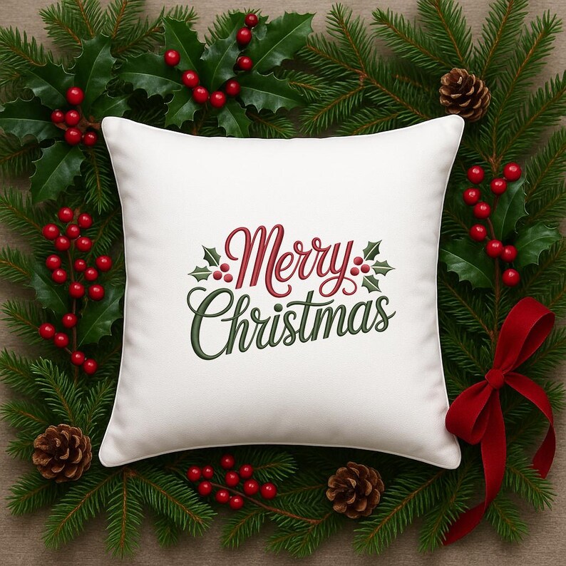 May include: A white square pillow with the embroidered text "Merry Christmas" in red and green, decorated with holly leaves and berries. The pillow is surrounded by a festive arrangement of pine branches, red berries, pine cones, and a red ribbon.