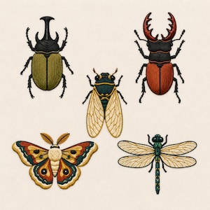 May include: Five embroidered insect patches featuring a black and olive beetle, a red and black stag beetle, a dark blue cicada with tan wings, a moth with orange, teal, and cream wings, and a green dragonfly with translucent tan wings.