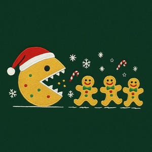 May include: A yellow Pac-Man character wearing a Santa hat chases three gingerbread men. The design includes snowflakes, candy canes, and stars on a dark green background. A fun, festive holiday design.