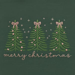 May include: Embroidered Christmas design on a dark green background. Three green Christmas trees with pink bows and ornaments are featured. The words "merry christmas" are written in a cursive font.