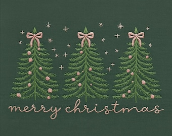 Merry Christmas Tree Embroidery Design, Three Christmas Trees Machine Embroidery File, Holiday Bow Tree Embroidery Pattern for Sweatshirt