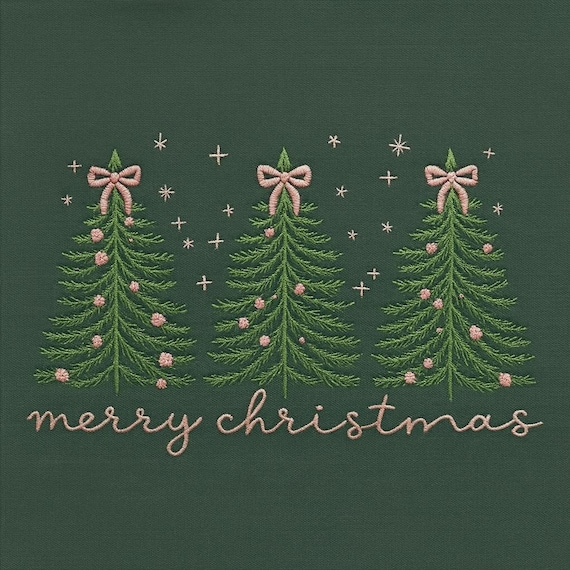 Merry Christmas Tree Embroidery Design, Three Christmas Trees Machine Embroidery File, Holiday Bow Tree Embroidery Pattern for Sweatshirt