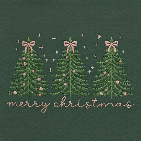 メリークリスマスツリーの刺繍デザイン、3本のクリスマスツリーの機械刺繍ファイル、スウェットシャツ用のホリデーボウツリーの刺繍パターン