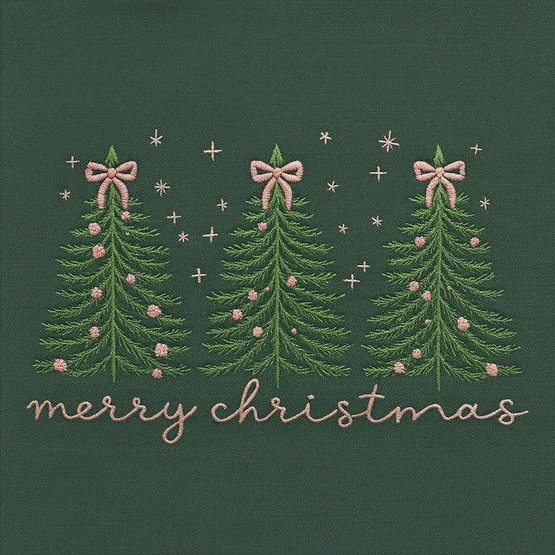 May include: Embroidered Christmas design on a dark green background. Three green Christmas trees with pink bows and ornaments are featured. The words "merry christmas" are written in a cursive font.