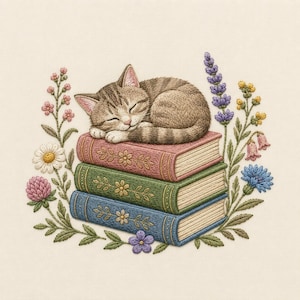 May include: An embroidery design featuring a brown tabby kitten sleeping on a stack of three books in pink, green, and blue. The books are decorated with gold floral patterns and are surrounded by colorful embroidered wildflowers and lavender.