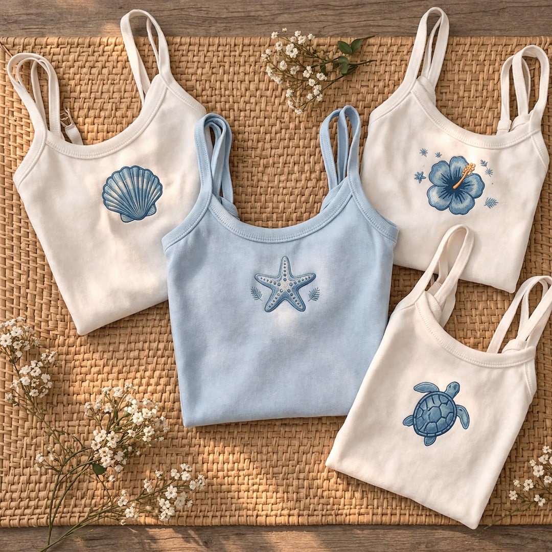Embroidered Beach Tank Top, Summer Coastal Outfit, Minimal Ocean Icons ...