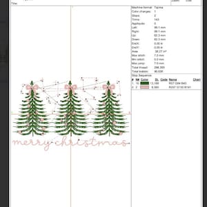 May include: Production worksheet for an embroidery design. The design is 7.9 inches wide and features three green Christmas trees with pink bows and ornaments. The text "merry christmas" is below the trees in a pink script font.