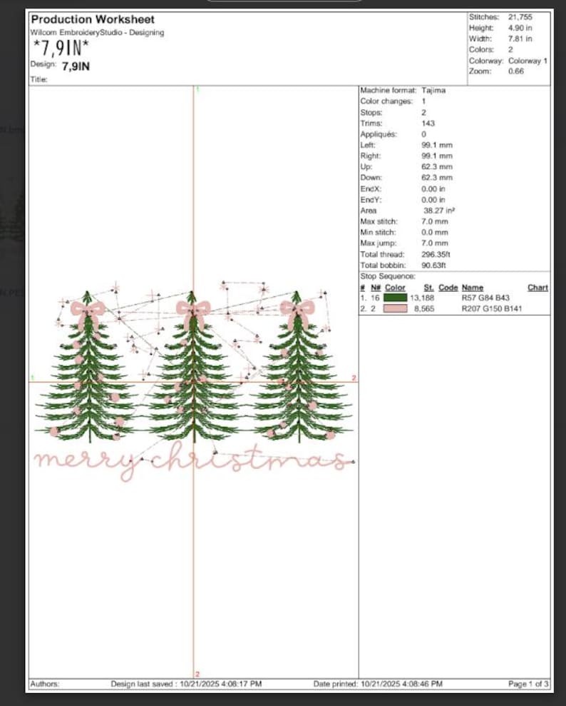 May include: Production worksheet for an embroidery design. The design is 7.9 inches wide and features three green Christmas trees with pink bows and ornaments. The text "merry christmas" is below the trees in a pink script font.