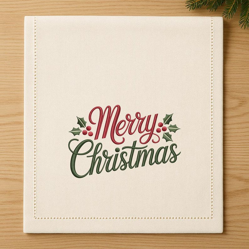 May include: Cream-colored rectangular table runner with the embroidered text "Merry Christmas" in red and green. The design includes holly leaves and berries. The edges are finished with a dotted stitch.