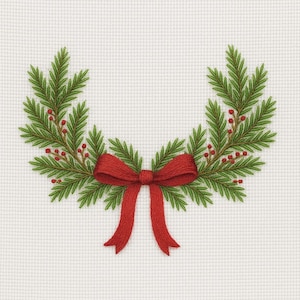 Christmas Wreath Embroidery Design, Pine Branch and Red Bow Machine Embroidery File, Holiday Garland Pattern, Instant download