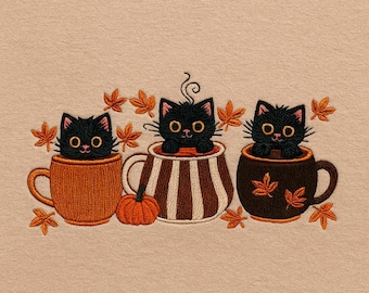 Black Cat Embroidery Design, Autumn Mug Embroidery File, Halloween Fall Embroidery Pattern, Pumpkin Coffee Embroidery, Digital Files