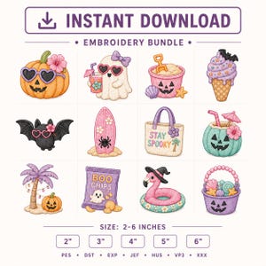Broderidesigner med sommarmotiv, maskinbroderi med läskiga strand-Halloween (DST, PES)