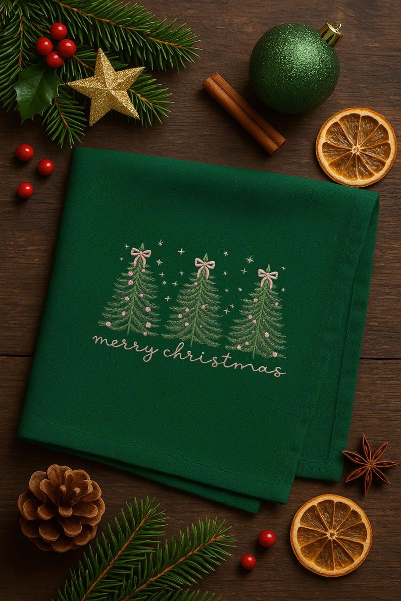 May include: A dark green Christmas-themed cloth napkin with embroidered Christmas trees, pink bows, and the words "merry christmas". The napkin is surrounded by holiday decorations, including a gold star and pine cones.