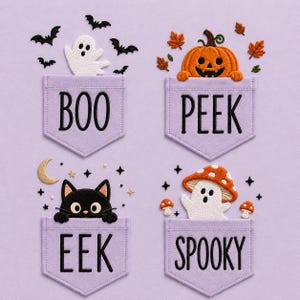 Paquete de bordado de bolsillo de Halloween, diseño de bordado de bolsillo de fantasma, archivo de bordado a máquina espeluznante "Peek Boo Eek"