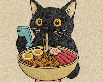 Diseño de bordado de ramen con un gato adorable, puntada de gato negro comiendo fideos, archivo de bordado de tazón de ramen kawaii, descarga de bordado a máquina de gato divertido