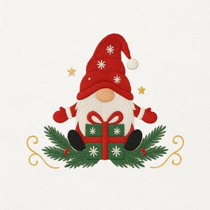 May include: A Christmas gnome illustration. The gnome wears a red hat with white snowflakes and a white pom-pom. It holds a green gift box with white snowflakes. The gnome sits on a bed of green pine needles with red berries and gold swirls.
