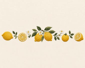 Diseño de bordado con borde de limones, estampado floral cítrico, decoración de cocina veraniega (descarga instantánea)
