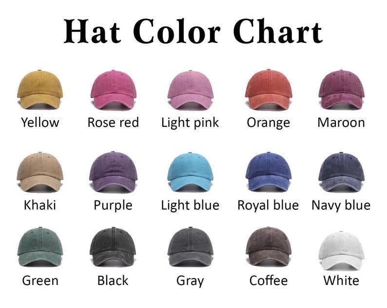 May include: A color chart displaying a variety of baseball caps in various colors. The colors include yellow, rose red, light pink, orange, maroon, khaki, purple, light blue, royal blue, navy blue, green, black, gray, coffee, and white. The text "Hat Color Chart" is at the top.