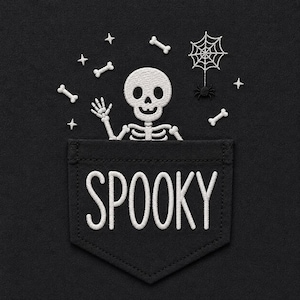 May include: A black fabric pocket featuring white embroidery of a waving skeleton, scattered bones, and a spider web. The word SPOOKY is embroidered in large white capital letters across the center of the pocket, creating a high-contrast design.