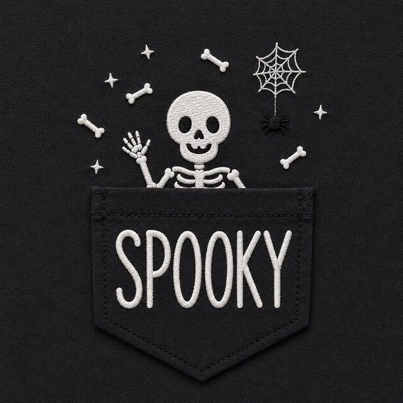 May include: A black fabric pocket featuring white embroidery of a waving skeleton, scattered bones, and a spider web. The word SPOOKY is embroidered in large white capital letters across the center of the pocket, creating a high-contrast design.