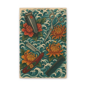 Japanese Tattoo Art Canvas Wall Decor Featuring Grooming Tools, Barber Shop Wall Art, Vintage Barber Print, Floral Tattoo Decor