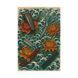 Tattoo-Inspired Barber Rolled Posters | Vintage Barber Decor, Hair Salon Art, Unique Wall Art, Gifts for Barbers, Japanese floral tattoo