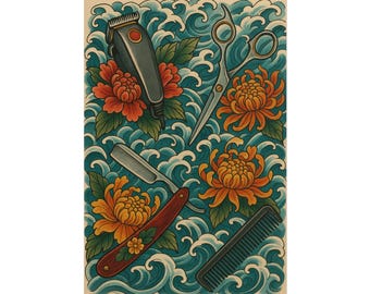 Tattoo-Inspired Barber Rolled Posters | Vintage Barber Decor, Hair Salon Art, Unique Wall Art, Gifts for Barbers, Japanese floral tattoo