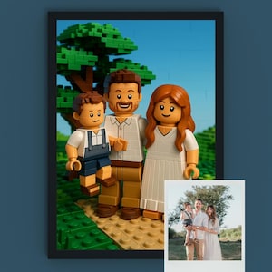 May include: A framed Lego portrait of a family, featuring a father, mother, and child. The Lego figures are set against a backdrop of a green tree and a path. A smaller Polaroid photo of the family is in the bottom right corner.
