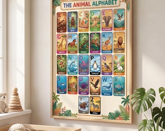 Animal Alphabet Poster Printable, ABC Wall Art for Nursery, Kids Room Decor, Educational A-Z Animals, Playroom Classroom, Digital Download