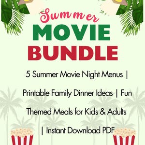 5 Sommerfilm-Menüs| Druckbare Ideen für ein Familienessen |  Lustige Themen-Gerichte für Kinder und Erwachsene PDF NUR