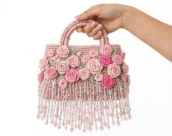 Pink Crochet Flower Purse, Handmade Beaded Bag, Romantic Floral Clutch, Sparkly Evening Handbag, Cottagecore Gift, Statement Bag, Halloween