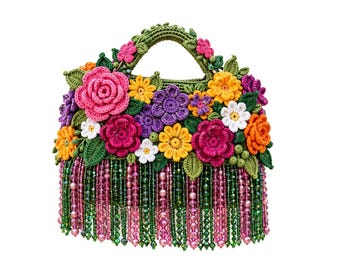 Crochet Flower Bag, Handmade Beaded Purse, Floral Statement Clutch, Sparkly Party Handbag, Wedding Guest Bag, Unique Gift Halloween