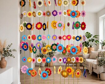 Handmade Crochet Daisy Flower Curtain | Boho Door Curtain | Rainbow Floral Room Divider | Window Hanging | Colorful Hippie Curtain