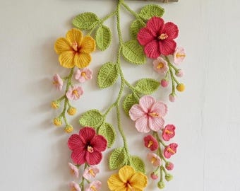 Crocheted Hibiscus Vine Wall Decor | Pink Floral Yarn Art, Boho Cottage Room Hanging