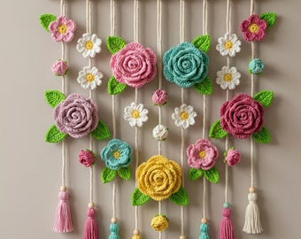 Handmade Crochet Boho Rose Flowers Milk Cotton Wall Hanging | Macrame Flower Art, Mother Day Gift,  Meadow Tapestry, Boho Cottage Room Decor