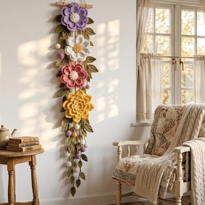 Handmade Crochet Hanging Flower Vine Floral Macrame Yarn Art  Boho Cottage Room Decor Unique Gift for Her