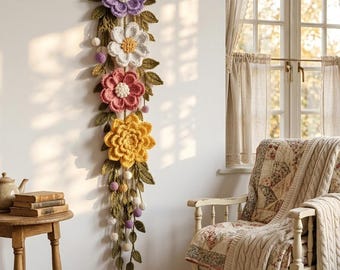 Crochet Floral  Winter Fall Wall Hanging | Large Handmade Flower Decor | Botanical Wall Art | Cottagecore Home Decor | Boho Wall Hanging