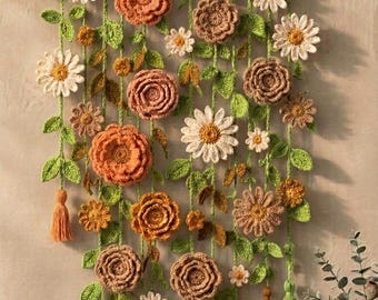 Handmade Crochet Hanging Flower Vine Floral Yarn Art  Boho Cottage Room Winter Fall decor