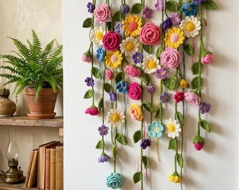 Boho Crochet Flower Wall Hanging, Cottagecore, Floral Yarn Wall Art, Botanical , Nursery , winter fall decor, Halloween , Gift