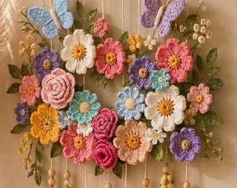 Crochet Flower Wall Hanging, Cottagecore Decor, Floral Yarn Wall Art, Botanical Hanging, Boho Nursery Decor