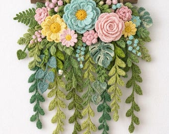 Crocheted winter fall Flowers Wall Decor | Pink Floral Yarn Art, Boho Cottage Room Hanging