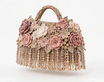 Crochet Flower Evening Bag, Handmade Beaded Purse, Floral Statement Clutch, Sparkly Party Handbag, Wedding Guest Bag, Unique Gift Halloween