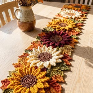 May include: A long, decorative table runner crafted from crocheted sunflowers and autumn leaves in shades of yellow, cream, deep red, orange, and olive green. The runner features a repeating pattern of textured floral motifs and foliage.