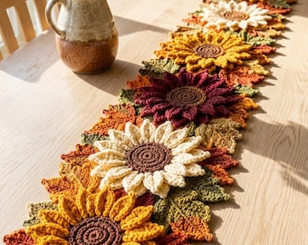Crochet Sunflower Table Runner, Handmade Fall Table Decor, Farmhouse Cottagecore Table Centerpiece, Rustic Autumn Home Decor Halloween