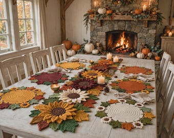 Cozy Fall Table Decor | Handmade Crochet Floral Placemats | Rustic Autumn Table Setting | Farmhouse Dining Decor
