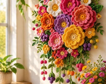 Boho Crochet Flower Wall Hanging, Cottagecore, Floral Yarn Wall Art, Botanical , Nursery , winter fall decor, Halloween , Gift