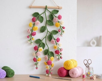 Crochet Hanging Rose Vine Wall Decor | Handmade Flower Wall Hanging Pink Floral Yarn Art | Boho Cottagecore Room Decor  Unique Gift for Her