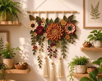 Boho Crochet Winter Fall Flower Wall Hanging | Handmade Floral Tapestry | Cottagecore Home Decor | Rustic Botanical Wall Art Halloween