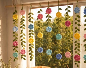 Crochet Flower Wall Hanging,Flower Curtain,Handmade Flower Door Curtain Boho Knitting Flower Garland Ornaments Hanging Tassel Decoration